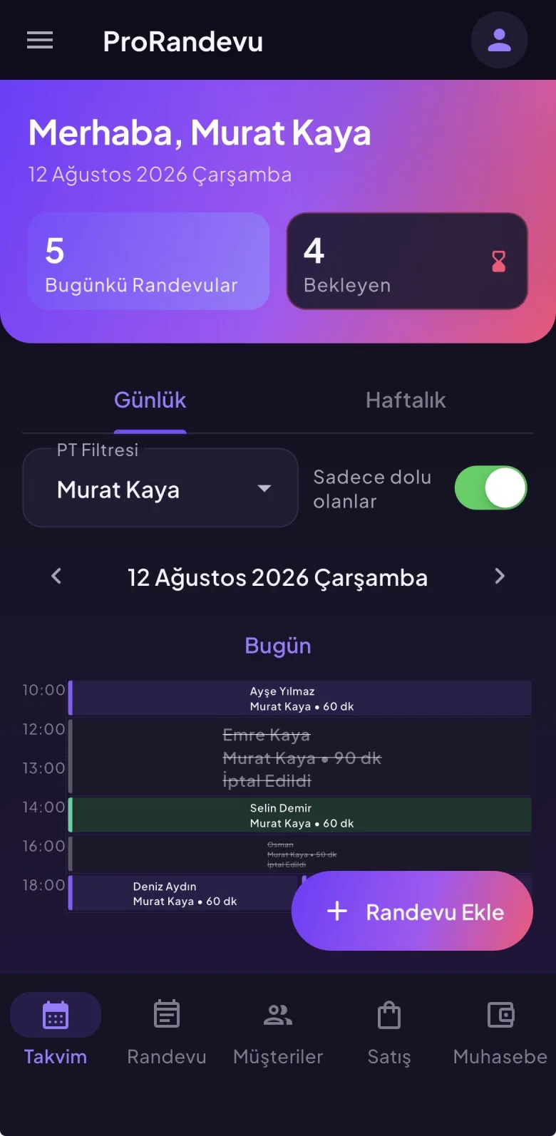 ProRandevo takvim ekranı